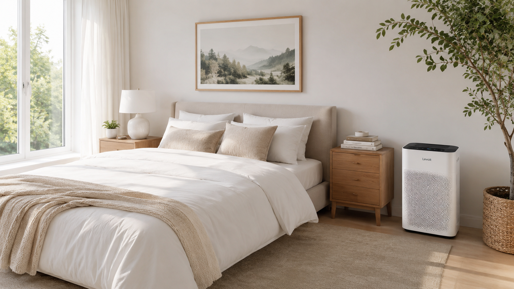 Habitación limpia y luminosa con ropa de cama clara y purificador de aire