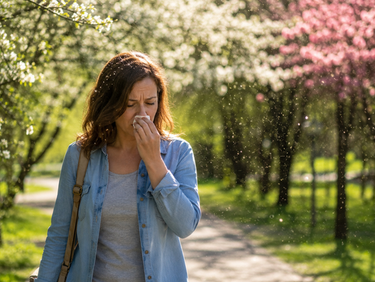 Persona caminando en primavera entre árboles en flor con expresión de agotamiento y congestión nasal leve, partículas de polen visibles en el aire