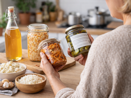 Cocina moderna con alimentos fermentados y una persona revisando etiquetas de productos