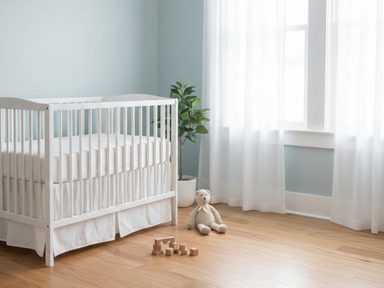 Ambiente doméstico infantil: habitación de bebé con cuna, juguetes sencillos, luz natural, aire limpio; entorno sin alfombras ni acumulación de polvo