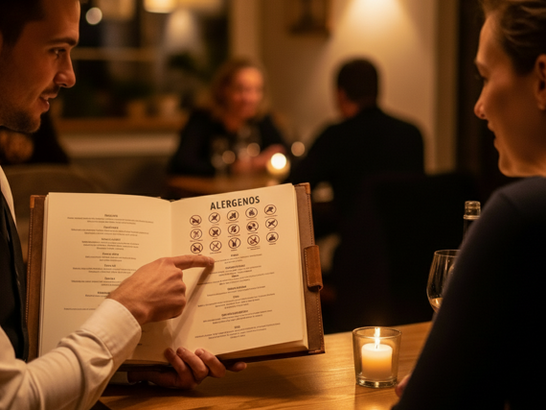 Camarero mostrando carta con iconos de alérgenos a un cliente en un restaurante