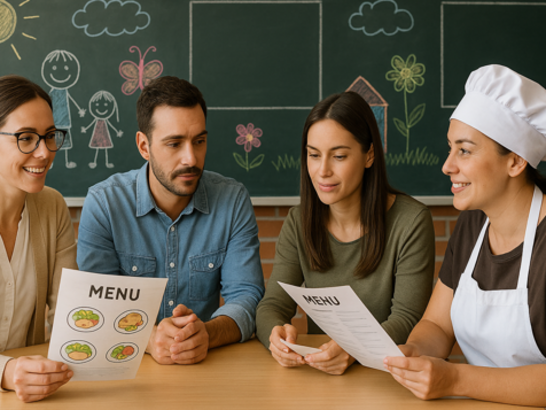 Reunión en el comedor escolar entre profesora, padres y personal de cocina revisando menús. Fondo con pizarras y dibujos infantiles