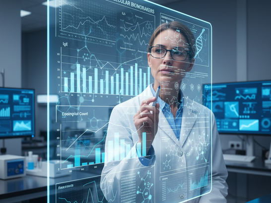 Alergólogo observando gráficos de biomarcadores en una pantalla médica, con datos genéticos y moleculares superpuestos