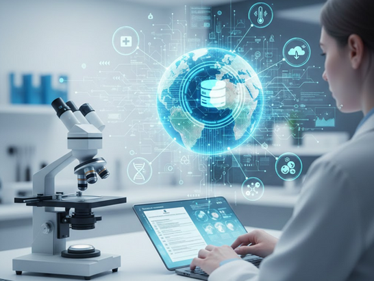 Cconjunto de datos visualizado como puntos de luz interconectados formando una red tridimensional, con formas orgánicas que recuerdan a pulmones o células inmunitarias