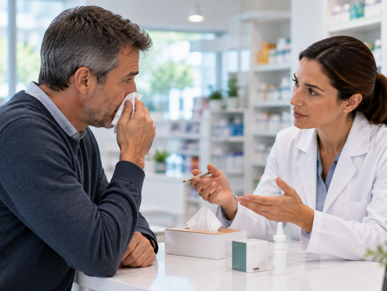 Paciente sostiene un pañuelo y presenta síntomas leves de rinitis, mientras la farmacéutica escucha atentamente