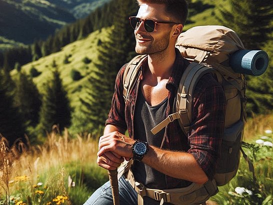Un excursionista disfrutando de un día soleado en la naturaleza, equipado con gafas de sol y ropa adecuada para prevenir alergias.