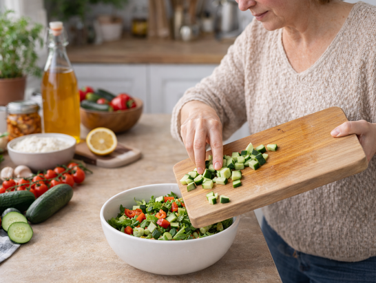 Mujer preparando alimentos frescos en casa, evitando productos fermentados