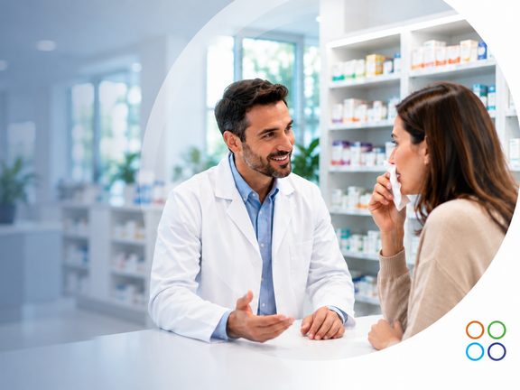 Un farmacéutico conversa de forma cercana con una paciente adulto que presenta síntomas leves de alergia y sostiene un pañuelo