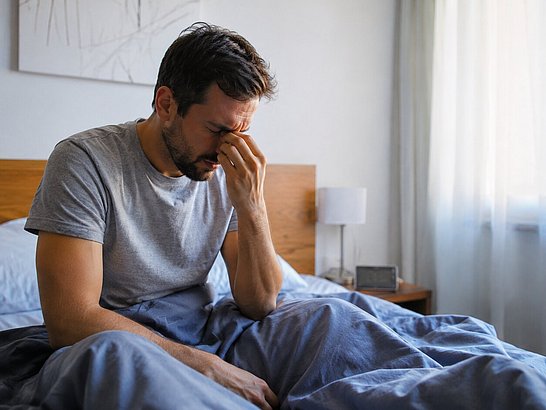 Persona despertándose por la mañana con gesto de cansancio mientras se toca el puente de la nariz Persona despertándose por la mañana con gesto de cansancio mientras se toca el puente de la nariz