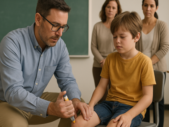 Profesor aplicando autoinyector de adrenalina en el muslo de un niño, mientras otros docentes observan con calma. Estilo realista y educativo.”