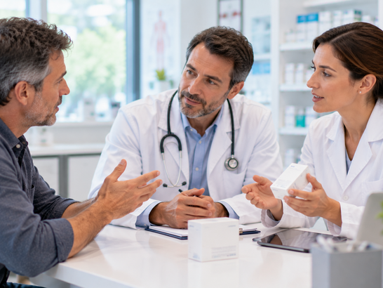 Un paciente adulto conversa de manera natural con un médico y una farmacéutica