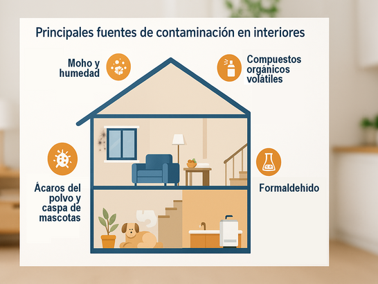 Infografía de una vivienda con etiquetas sobre moho, COVs, formaldehído, ácaros y caspa