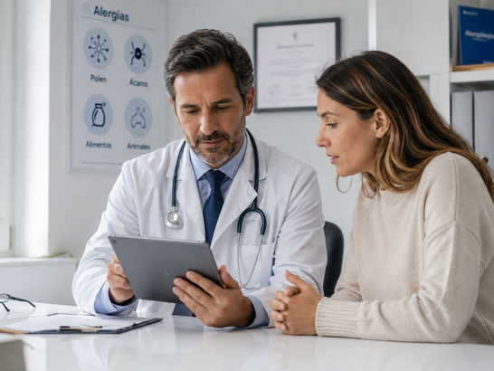 Alergólogo atendiendo a un paciente en una consulta moderna mientras revisan juntos una tableta con resultados clínicos Alergólogo atendiendo a un paciente en una consulta moderna mientras revisan juntos una tableta con resultados clínicos