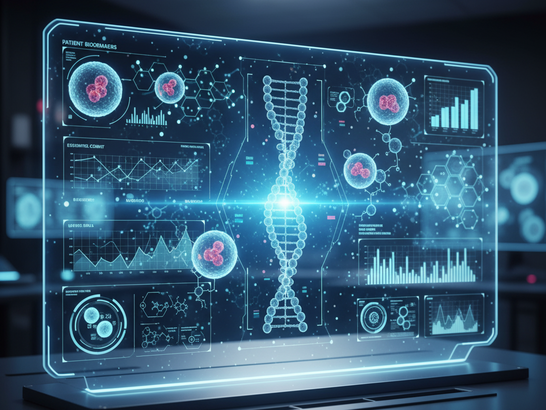 Panel digital con datos biomédicos, ADN, gráficos y células inmunes flotando