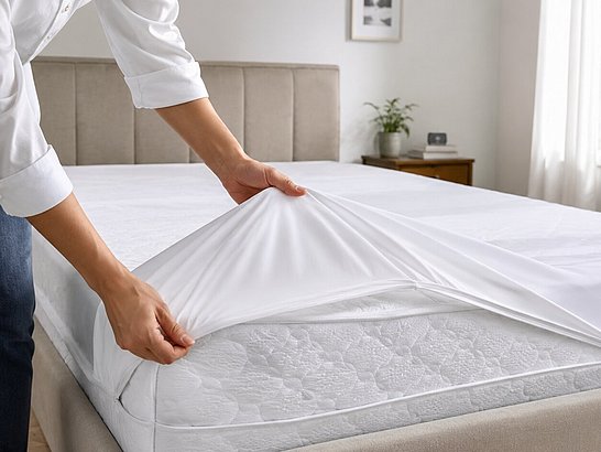 Persona colocando una funda antiácaros sobre un colchón en un dormitorio luminoso y ordenado Persona colocando una funda antiácaros sobre un colchón en un dormitorio luminoso y ordenado