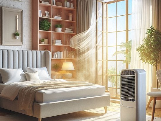 Una habitación de hotel luminosa y acogedora, con ventanas abiertas y un purificador de aire en funcionamiento.
