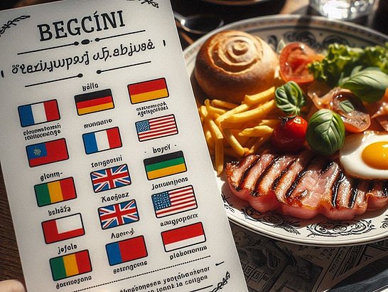 Un plato de comida en un restaurante extranjero, junto a una tarjeta de traducción para alergias alimentarias en varios idiomas.