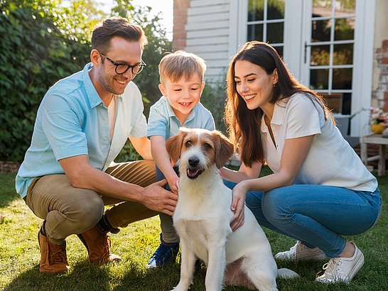 Una familia junto a su perro