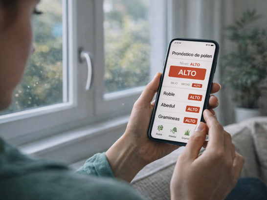 Persona consultando en su móvil niveles de polen mientras está en casa junto a una ventana cerrada