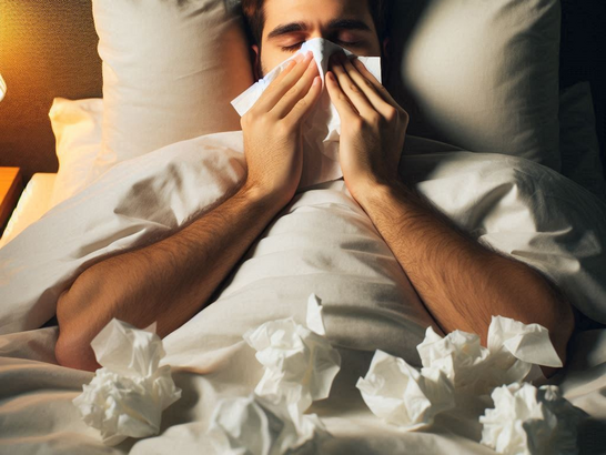 Persona en la cama con los ojos abiertos, rodeada de pañuelos, incapaz de dormir debido a la congestión.