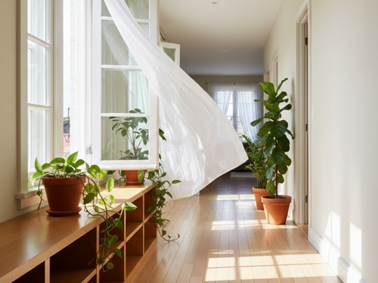 Pasillo de casa con buena ventilación, ventanas abiertas, plantas de interior y aire limpio