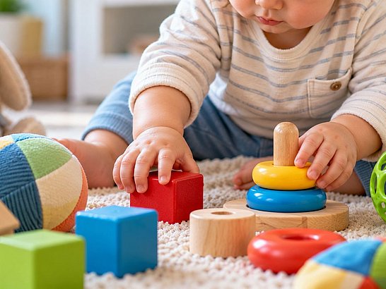 Manos de un bebé manipulando juguetes infantiles de plástico, tela y madera