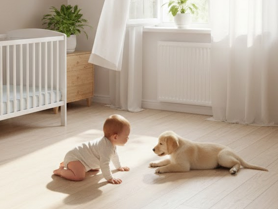 Casa donde un bebé gatea mientras un cachorro de perro está cerca