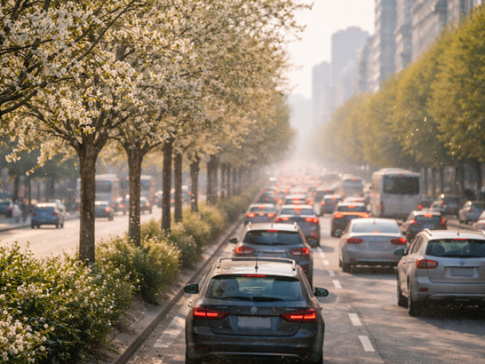 Gran avenida urbana con tráfico y ligera niebla de contaminación, árboles en flor liberando polen visible en el aire