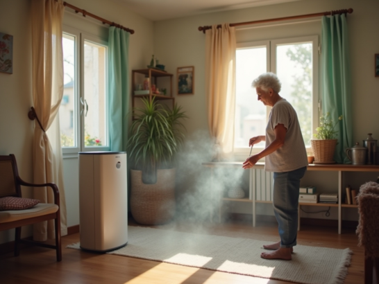 Un hogar limpio y organizado, con una persona mayor utilizando un purificador de aire, reflejando un entorno saludable y libre de alérgenos