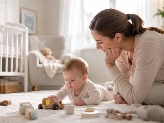 Madre observando a su bebé en una habitación infantil luminosa, con ambiente cálido y sensación de cuidado y prevención