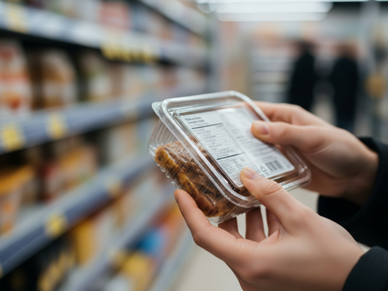 Primer plano de unas manos sosteniendo un envase de alimento y girándolo para leer la parte trasera