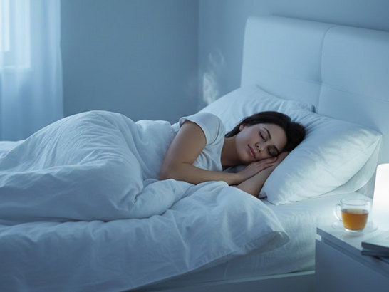 Persona dormida en cama con luz cálida, mientras una lámpara tenue ilumina la habitación