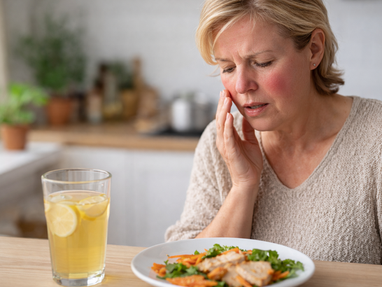 Mujer con leve enrojecimiento facial y expresión de malestar tras comer