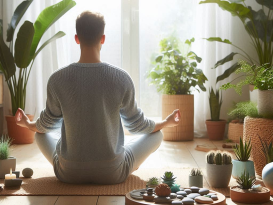 Persona practicando meditación en un espacio luminoso, con plantas antialérgicas a su alrededor.
