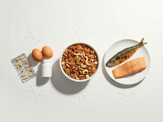 Suplementos de vitamina D, frutos secos, huevos y pescado azul dispuestos sobre fondo blanco con iconos solares Suplementos de vitamina D, frutos secos, huevos y pescado azul dispuestos sobre fondo blanco con iconos solares