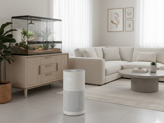 Habitación luminosa y limpia con jaula o terrario moderno y purificador de aire visible