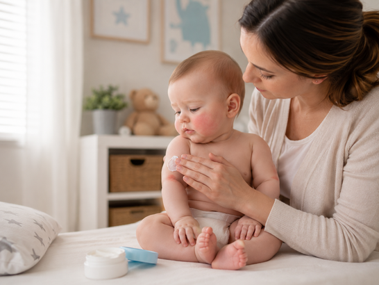 Bebé con leve dermatitis en mejillas o brazos mientras su madre aplica crema hidratante suavemente