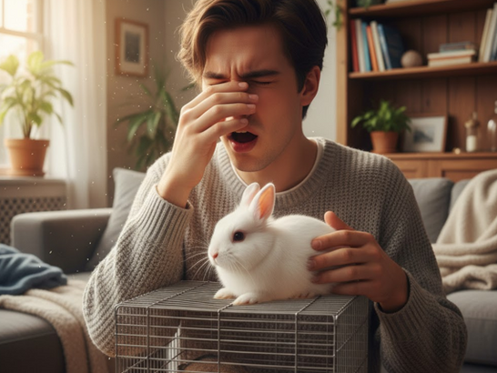 Persona joven estornudando o tocándose la nariz mientras sostiene una jaula o una mascota (conejo) pequeña 