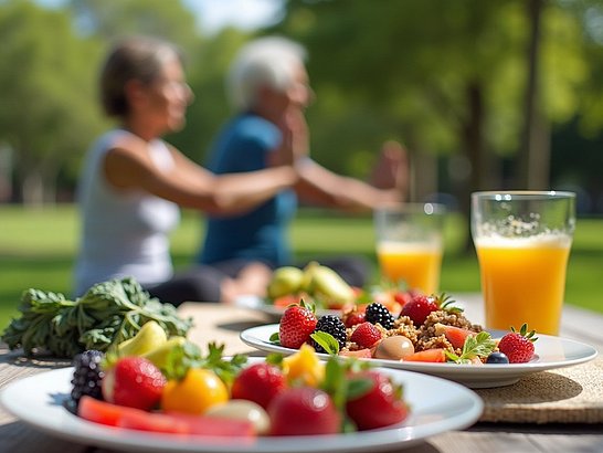 Una mesa con alimentos saludables (frutas y verduras frescas), junto a una persona mayor haciendo yoga en un parque soleado.