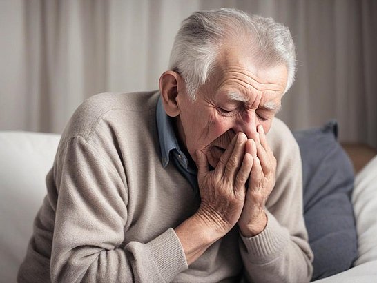 Una persona mayor estornudando por alergia