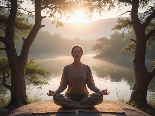 Persona haciendo yoga o respiración al amanecer en un entorno natural, con luz suave y sensación de bienestar Persona haciendo yoga o respiración al amanecer en un entorno natural, con luz suave y sensación de bienestar