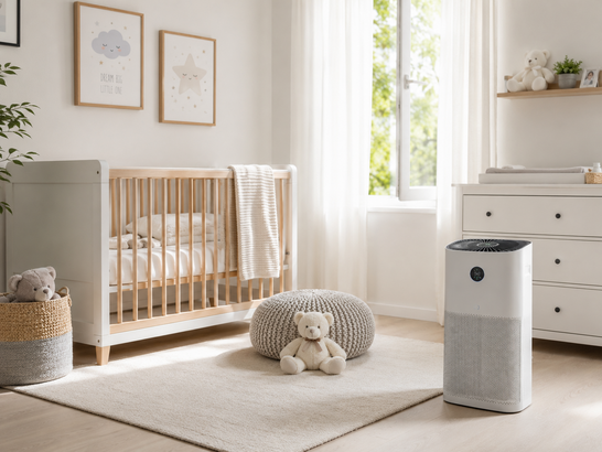 Habitación infantil limpia y ventilada, con purificador de aire 