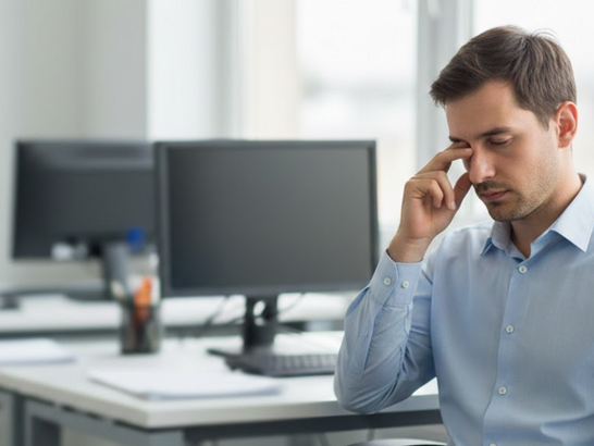 Persona en el trabajo con gesto de fatiga o dificultad de concentración Persona en el trabajo con gesto de fatiga o dificultad de concentración