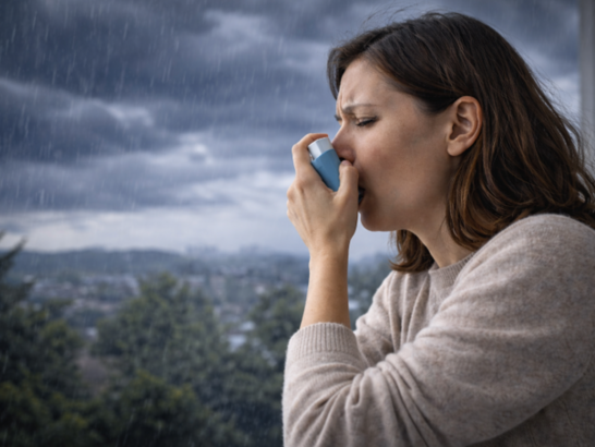 Persona respirando con dificultad al aire libre durante una tormenta de polen