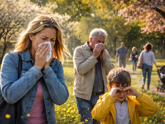 Varias personas en un parque primaveral con árboles y césped liberando polen en el aire. Algunas personas estornudan o se frotan los ojos