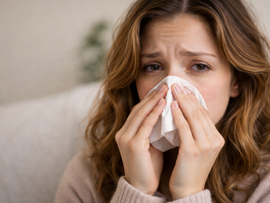 Mujer joven con expresión de malestar leve sostiene un pañuelo blanco mientras se suena Mujer joven con expresión de malestar leve sostiene un pañuelo blanco mientras se suena