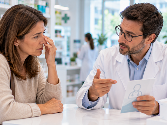 Farmacéutico conversando con una mujer adulta que presenta molestias nasales y oculares