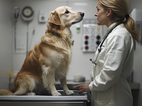 Una veterinaria examinando a un perro en una consulta