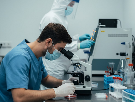 Técnico médico con mascarilla analizando una muestra en laboratorio, mientras otro trabajador usa equipo de protección individual