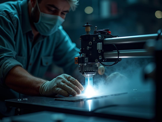 Impresora 3D en funcionamiento liberando vapor tenue, operario ajustando la máquina con guantes y mascarilla